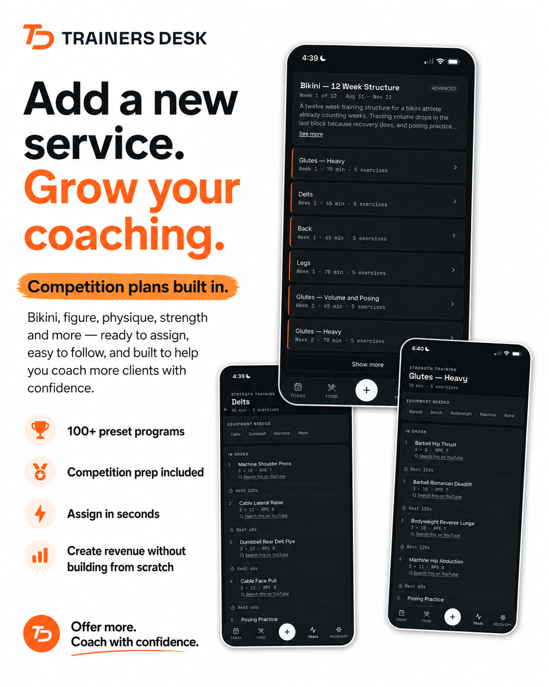 Competition programs in the client app, with each session's exercises, sets, reps and rest