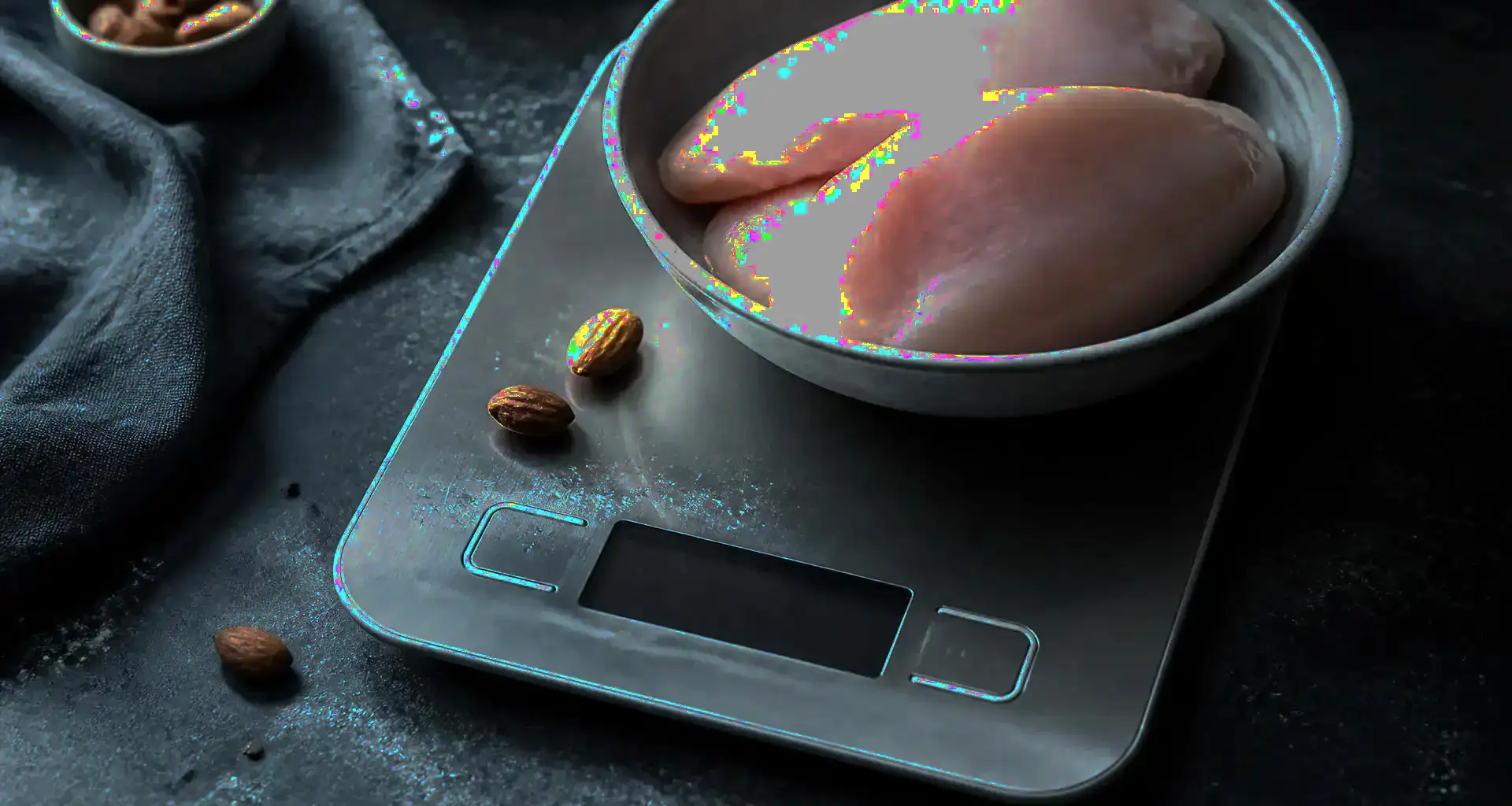Kitchen scale on a dark worktop with a bowl of raw chicken and loose almonds